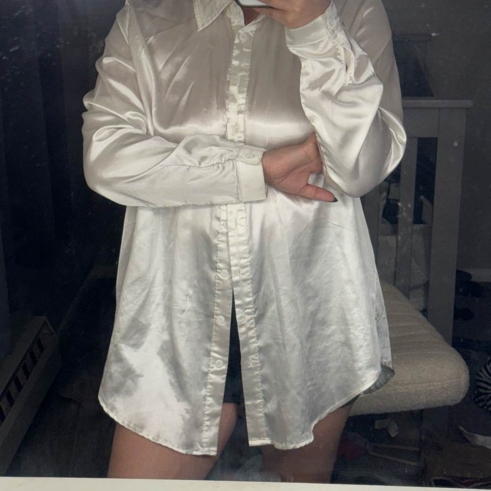 Elegant White Satin Button-Up Shirt